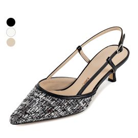 [KUHEE] Sling-back(9301K) 5cm-Middle Heel Blooper Tweed Strap Point Daily Handmade Shoes-Made in Korea